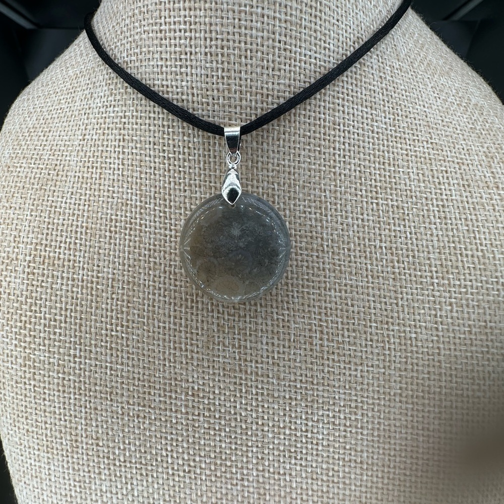 Round Ice Coral Fossil Pendant Pendant on Black Satin Rope